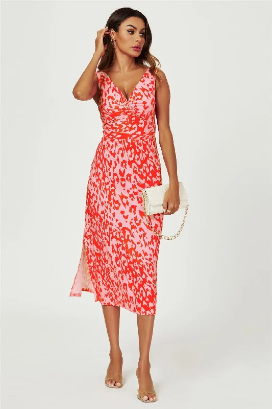 Leopard Print V Neck Knot Front Midi Dress In Pink