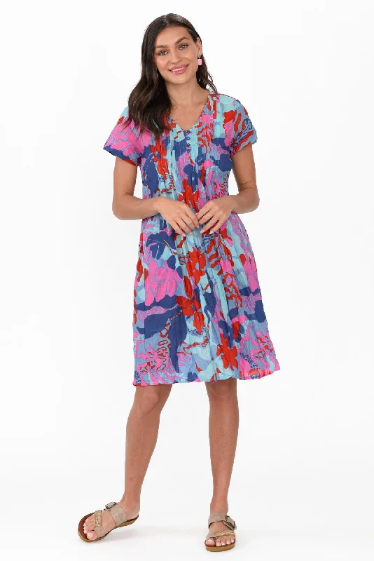 Sabina Blue Tropical Crinkle Cotton Dress