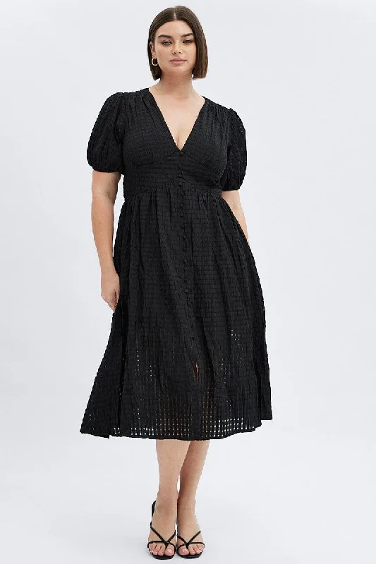 Black Midi Dress Short Puff Sleeve