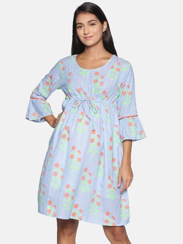 Blue Neon Floral Maternity and Nursing Dress