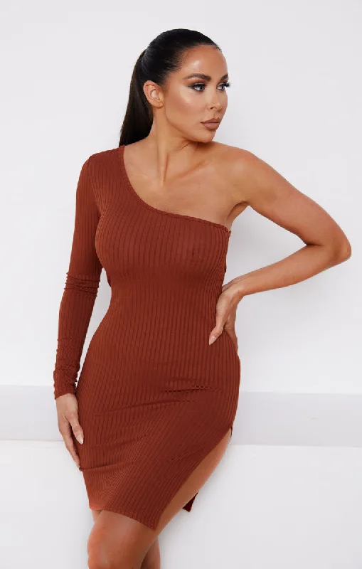 Chocolate Ribbed One Shoulder Long Sleeve Side Split Bodycon Mini Dress - Maren