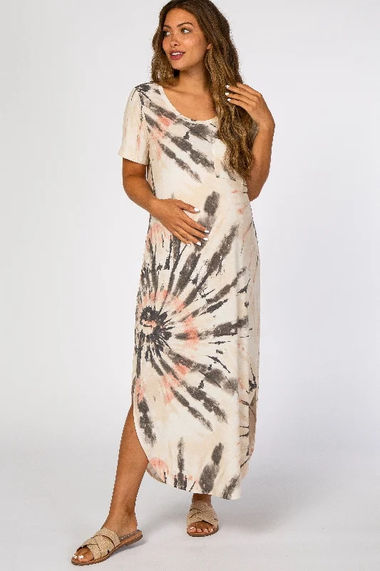 Cream Tie Dye Curved Hem Maternity Dress