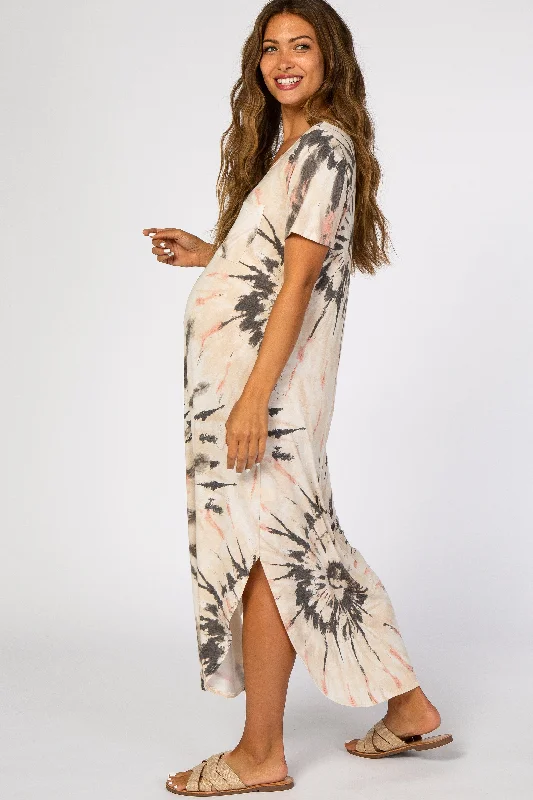 Cream Tie Dye Curved Hem Maternity Dress