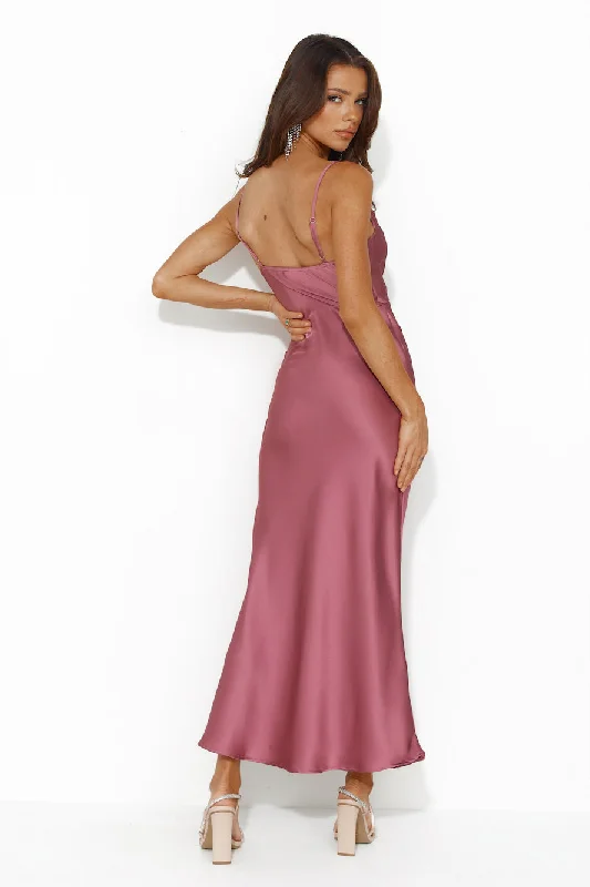 Gleaming Silk Satin Midi Dress Plum