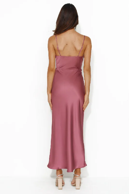 Gleaming Silk Satin Midi Dress Plum