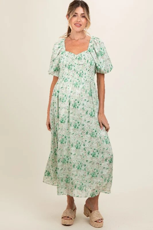 Green Floral Smocked Sweetheart Neck Short Puff Sleeve Maternity Midi Dress