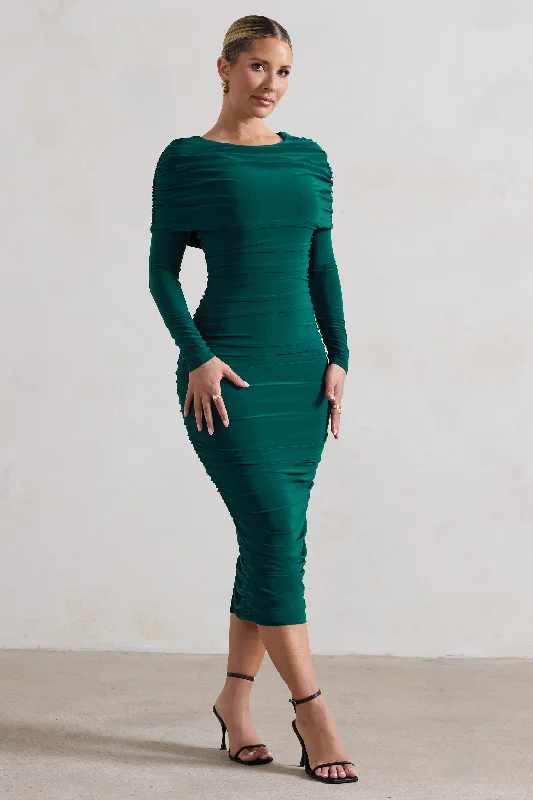 Lea | Bottle Green Long Sleeve Ruched Midi Dress with Draped Bardot Overlay