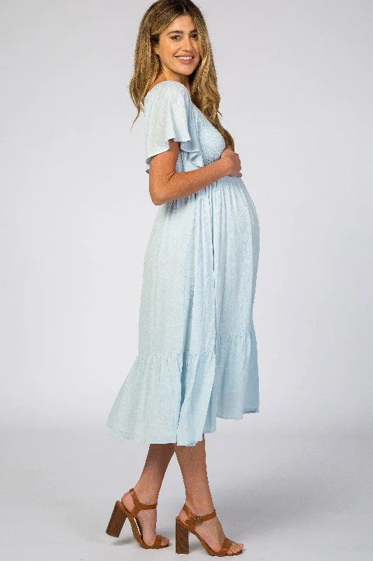 Light Blue Smocked Ruffle Maternity Dress