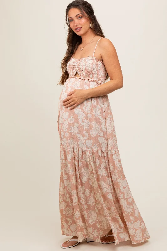 Light Pink Floral Sweetheart Smocked Front Cutout Maternity Maxi Dress