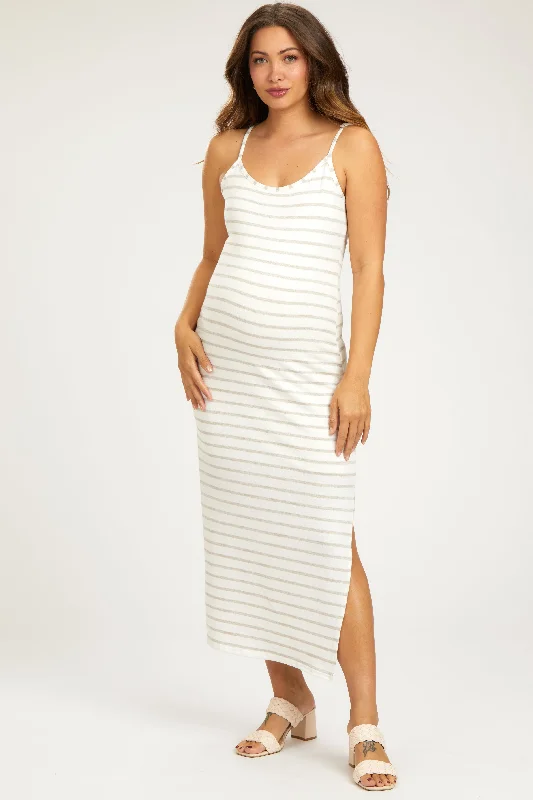 Mocha Striped Knit Side Slit Sleeveless Maternity Midi Dress