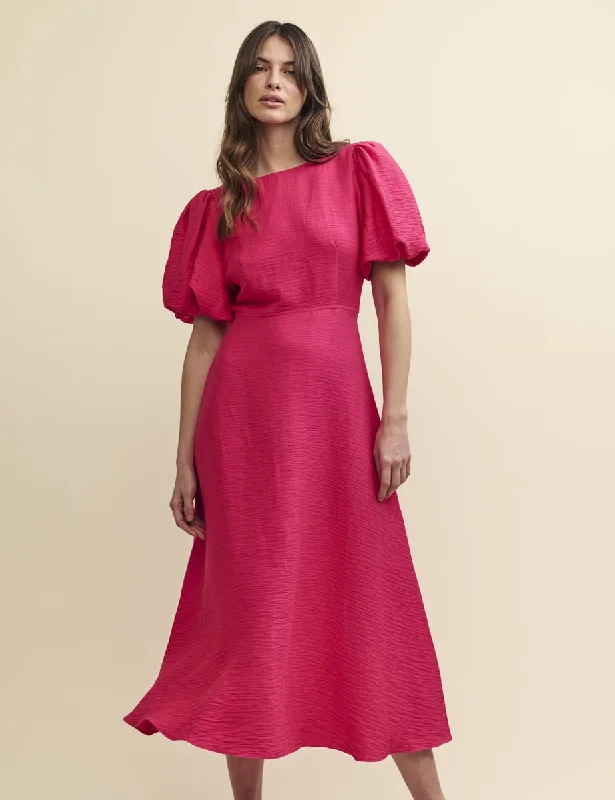 Pink Linen-blend Puff Sleeve Zora Midi Dress