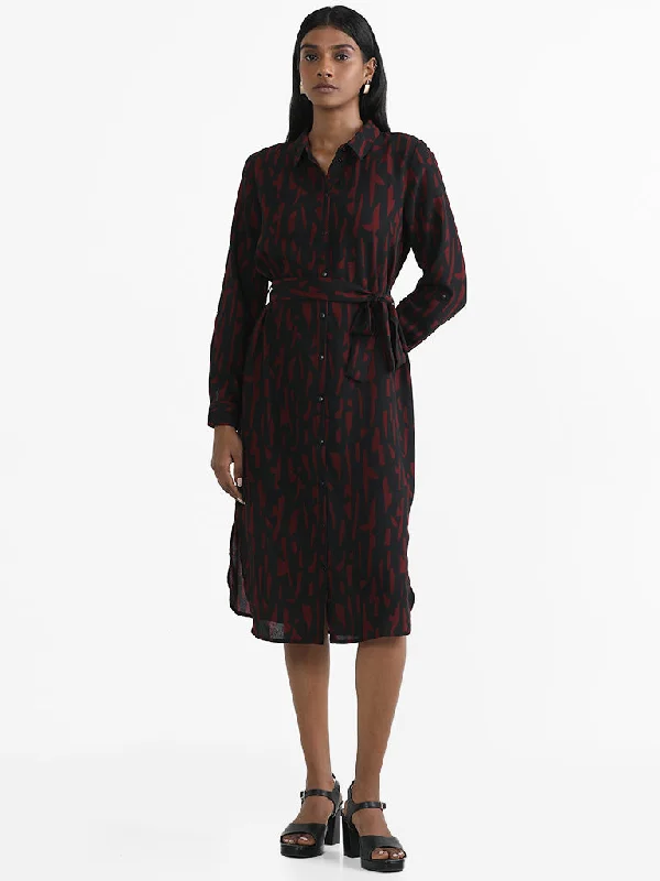 Wardrobe Black Abstract Printed Shirt Dress with Belt