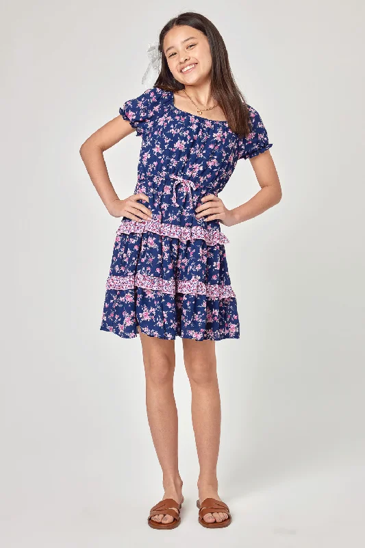 Kids Navy/Pink Floral Scrunched Nick SS Dress