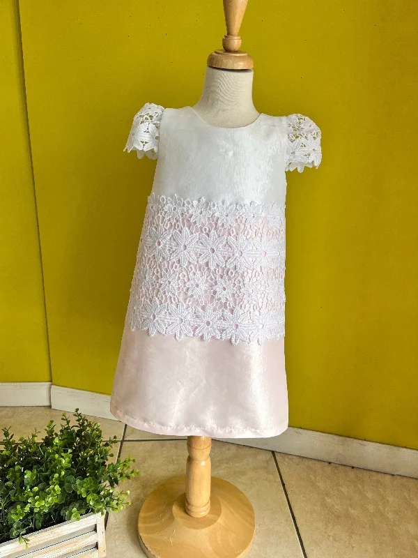 Two-tone taffeta dress with cotton lace and cotton sleeves