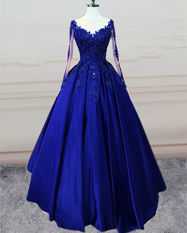 Stunning Ball Gown Prom Satin Dress Lace Sleeved