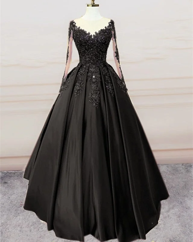 Stunning Ball Gown Prom Satin Dress Lace Sleeved