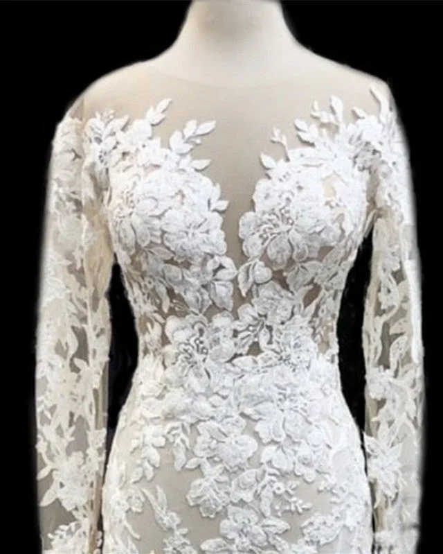 Long Sleeves Lace Mermaid Wedding Dresses Vintage