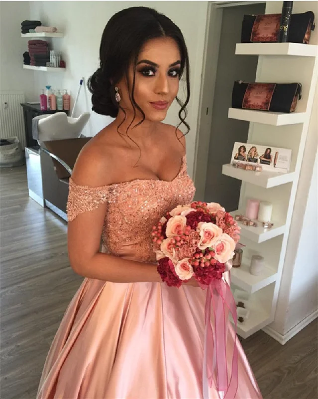 Elegant Lace Off Shoulder Pink Satin Wedding Dresses Ball Gowns