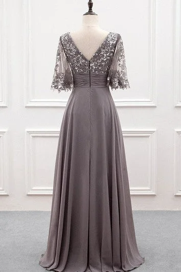 Ethereal Floor-length Half Sleeve Chiffon A Line Zipper Prom Dress with Sequins