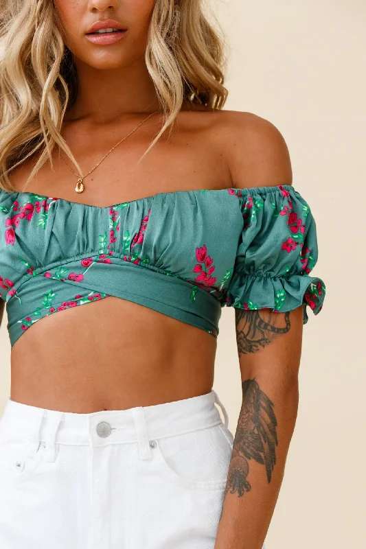 Linka Off-Shoulder Tie-Back Crop Top Pink Floral Print Sage