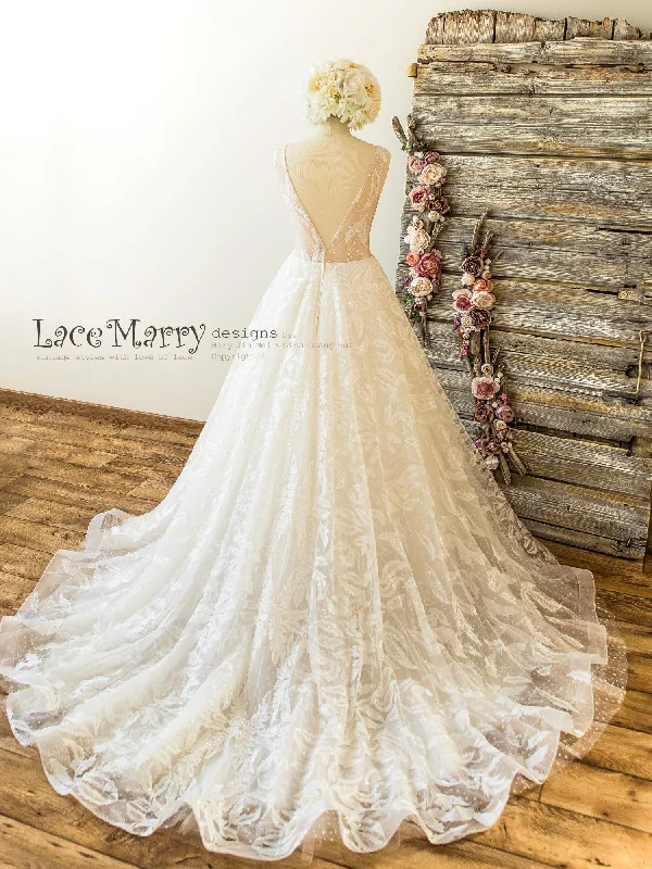 Unique Lace Wedding Dress in Sparkly Feather Pattern