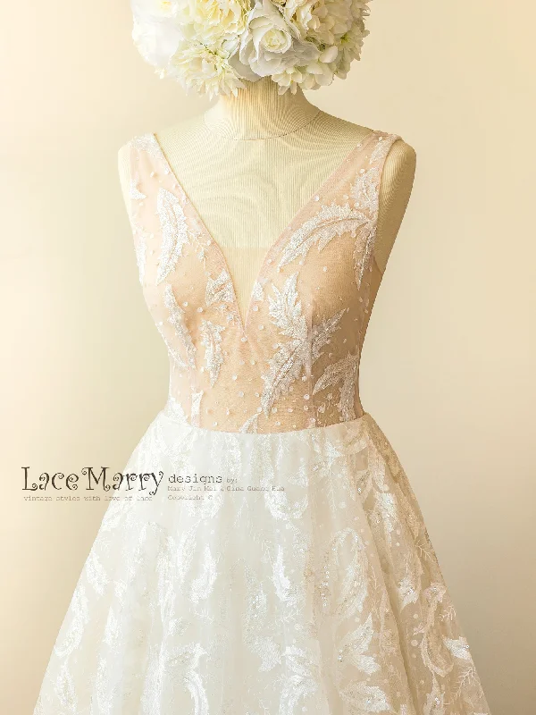 Unique Lace Wedding Dress in Sparkly Feather Pattern