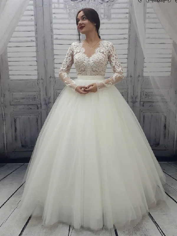 V-neck Long Sleeves A-line Lace Top Tulle Wedding Dresses, Long Wedding Dresses, Popular Wedding Dresses