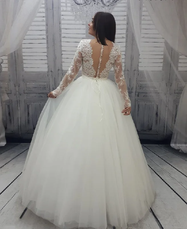 V-neck Long Sleeves A-line Lace Top Tulle Wedding Dresses, Long Wedding Dresses, Popular Wedding Dresses