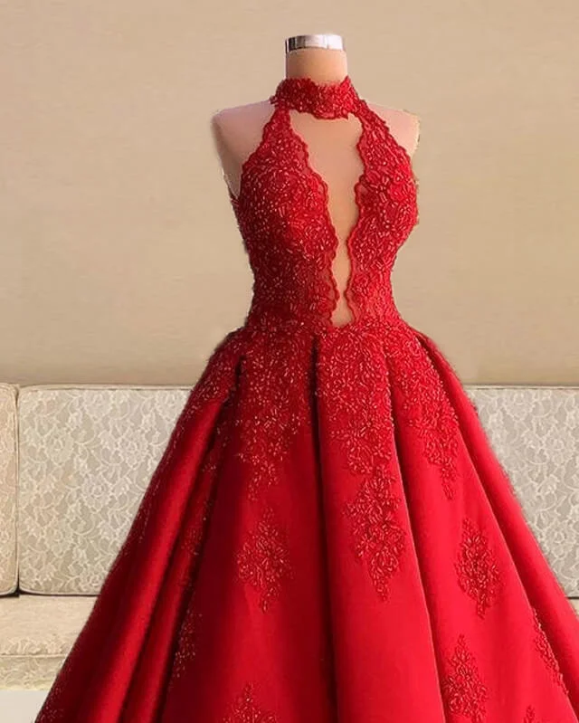 Red Lace Halter Ball Gown Satin Dress