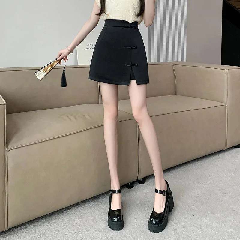 FashionSierra - New Chinese Style Women Vintage High Waist A-line Mini Ladies Elegant Tang Clothes Woman Summer Short Skirt