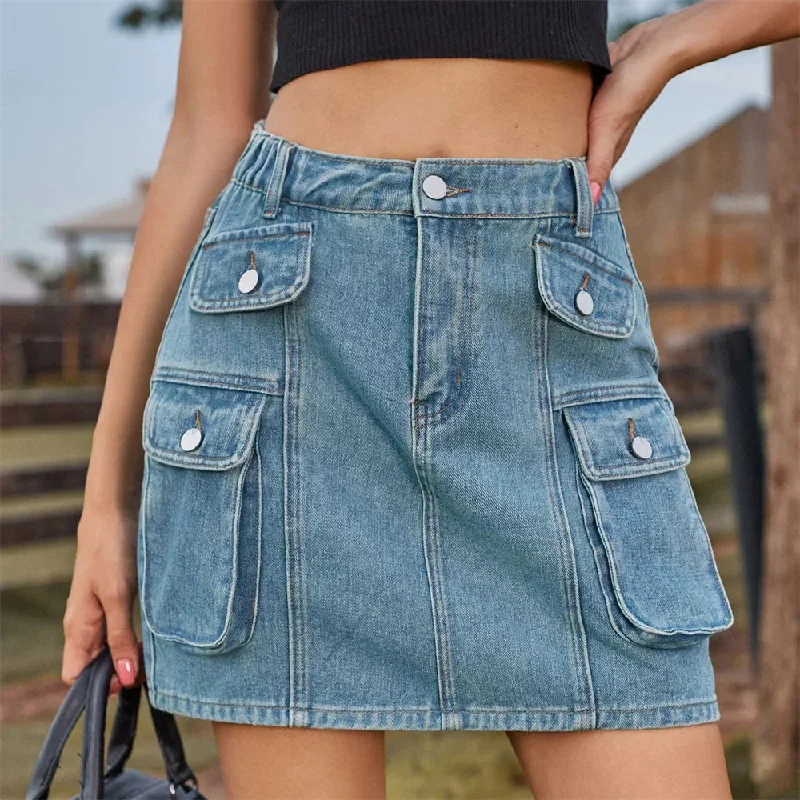 Vintage Denim Summer Streetwear Multi Pocket Elastic Casual Skirt