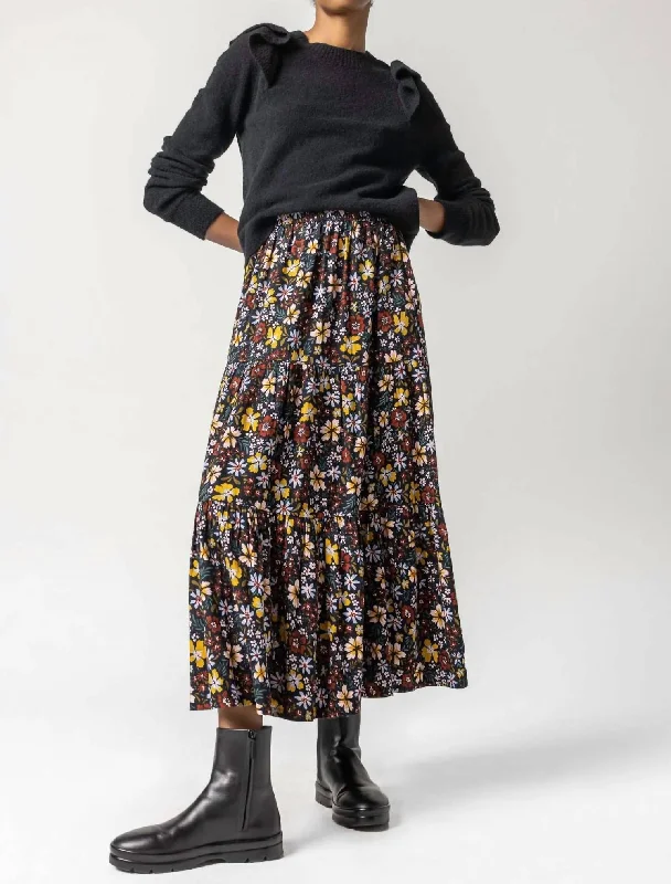 Floral Tiered Skirt In Black Floral