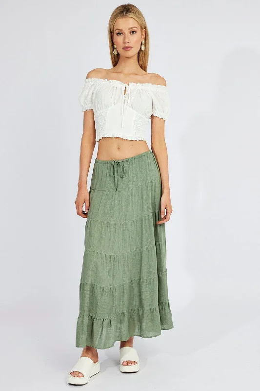 Green Maxi Skirt High Rise Linen Blend