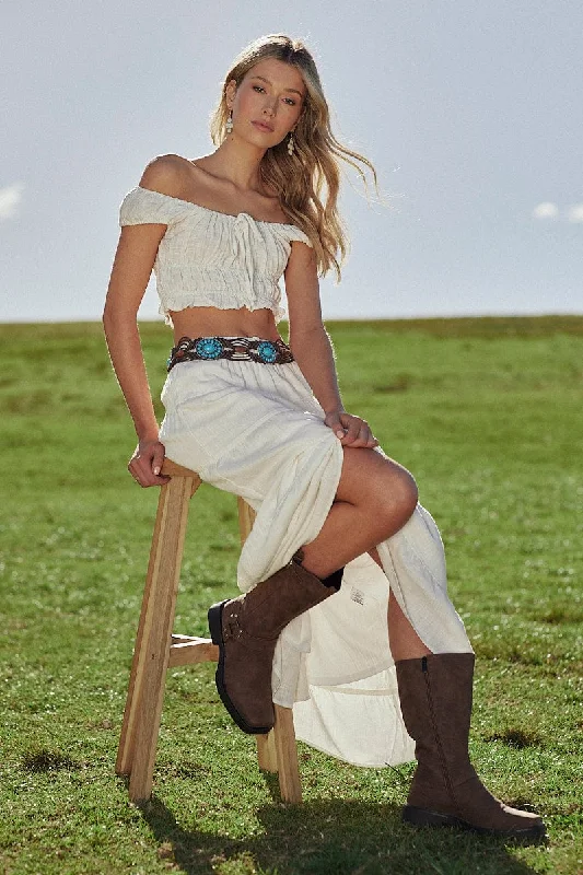 White Maxi Skirt Tiered High Rise Linen Blend